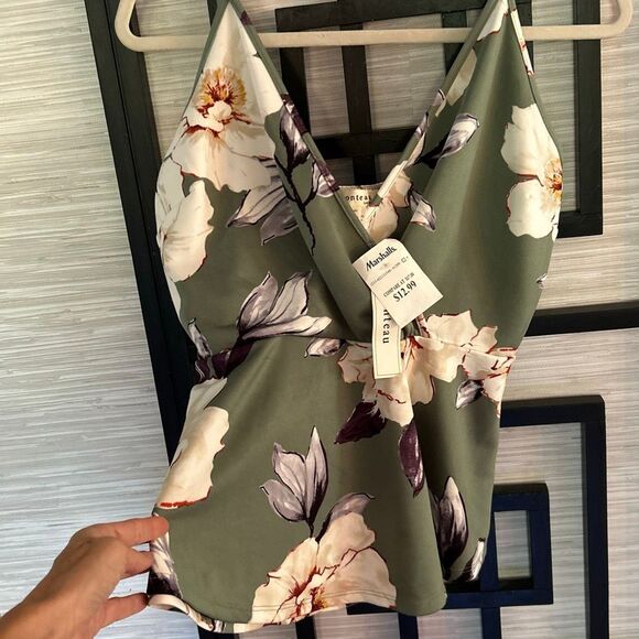 NWT Monteau Marshalls green floral spaghetti strap top blouse with peplum size X - Picture 1 of 4